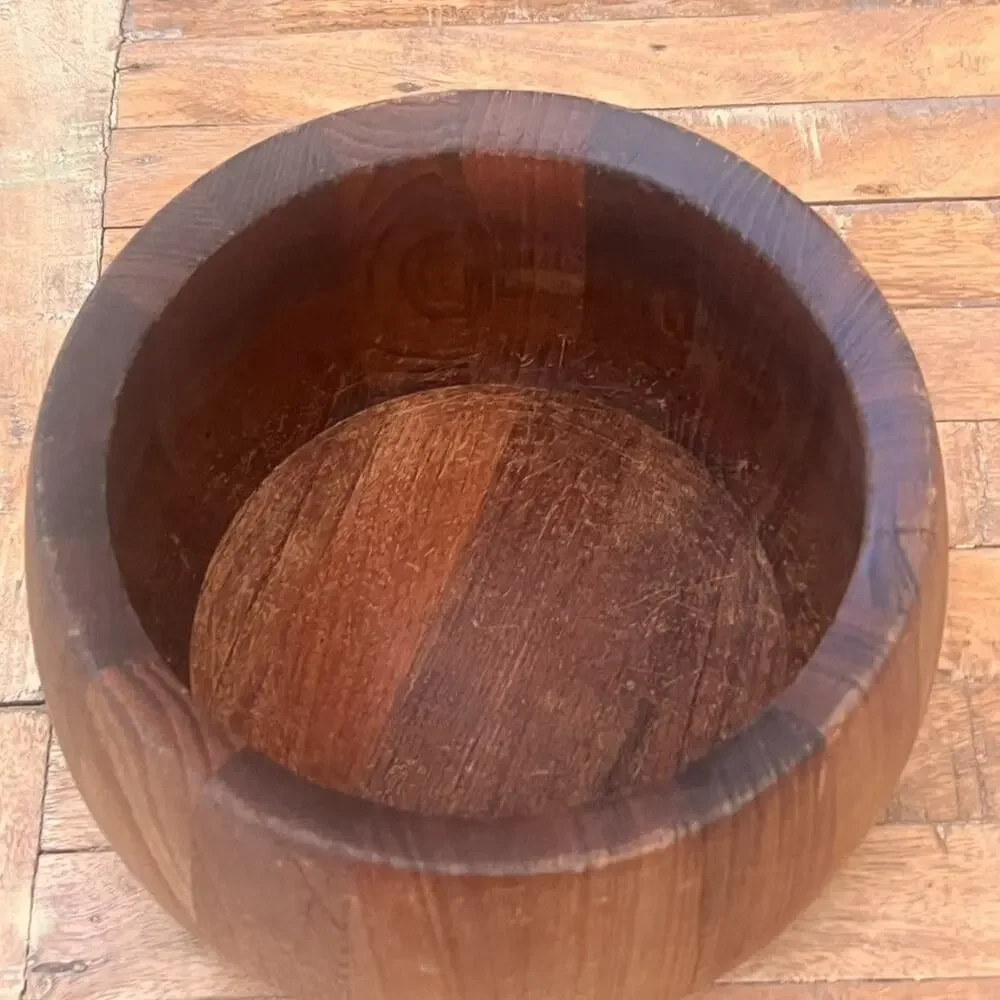 Staved Teak Wood Salad Serving Bowl 9 in Modern
